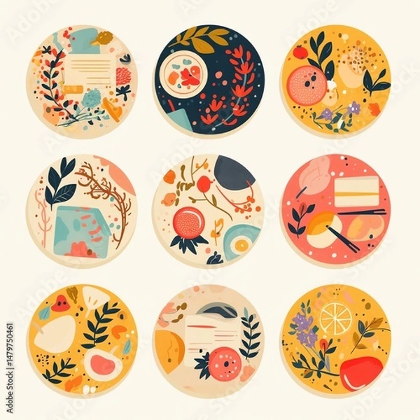 Fototapeta Nine vibrant circular designs feature fruits, flowers, and abstract shapes on varied backgrounds. A delightful collection of artistic patterns.