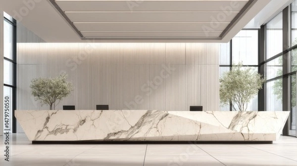 Obraz Modern reception area featuring elegant marble desk and minimalist design elements in a bright office space