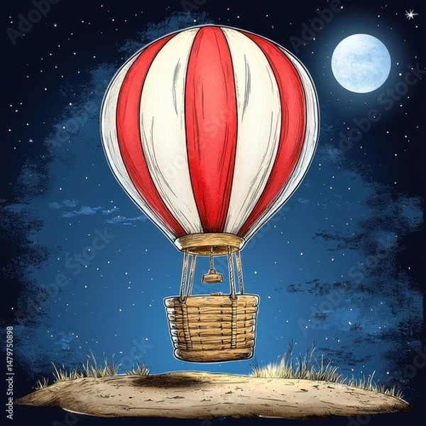 Obraz Red and White Striped Hot Air Balloon at Night Under a Full Moon
