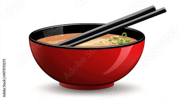 Obraz Red Bowl of Noodle Soup with Chopsticks and Green Onions