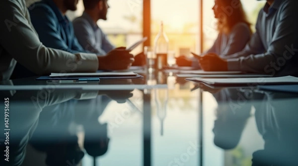 Fototapeta Close-Up of a Corporate Meeting Under Warm Lighting – Microphotography of Reflections and Paper Textures