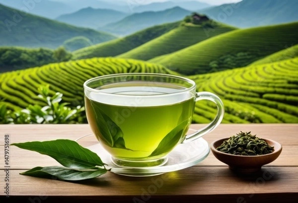 Obraz There is a cup of green tea and a bowl of tea on the table