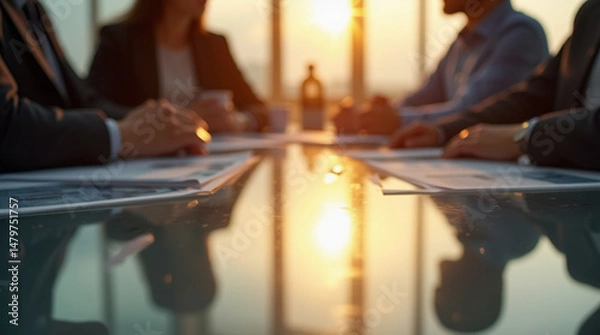Fototapeta Close-Up of a Corporate Meeting Under Warm Lighting – Microphotography of Reflections and Paper Textures