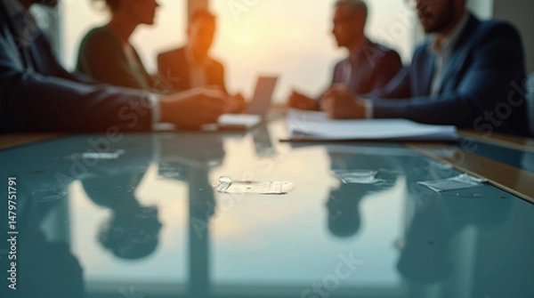 Fototapeta Close-Up of a Corporate Meeting Under Warm Lighting – Microphotography of Reflections and Paper Textures