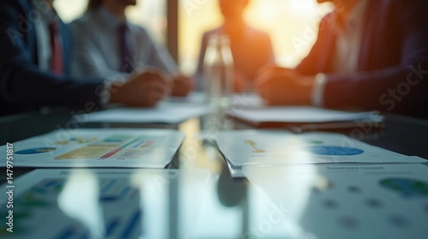 Fototapeta Close-Up of a Corporate Meeting Under Warm Lighting – Microphotography of Reflections and Paper Textures
