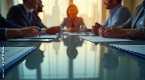Fototapeta Close-Up of a Corporate Meeting Under Warm Lighting – Microphotography of Reflections and Paper Textures