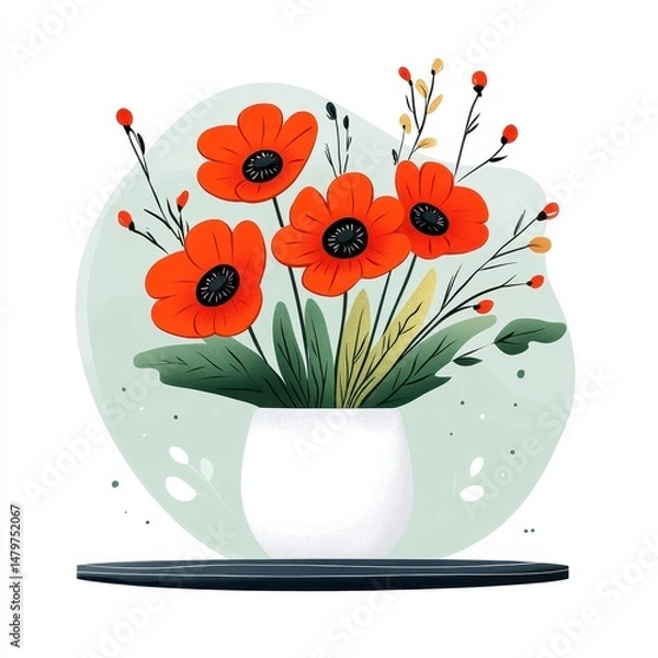 Obraz Red Poppies in White Vase Minimalist Illustration