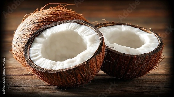 Fototapeta Two halves of a coconut on a rustic wooden surface