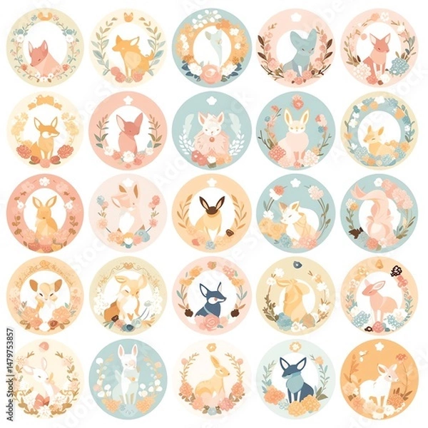 Fototapeta Charming pastel circles showcase adorable foxes, bunnies, and deer, nestled within delicate floral wreaths. A delightful collection of whimsical woodland creatures.