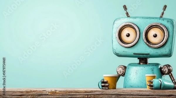 Obraz Retro Teal Robot with Coffee Cups on Wooden Table