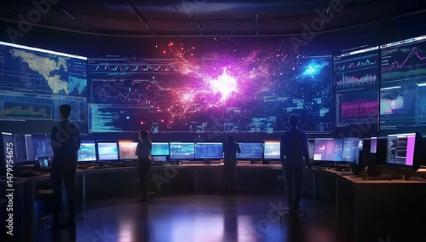 Obraz High-Tech Control Room with Multiple Screens and Large Vibrant Cloud Data Visualization in Background
