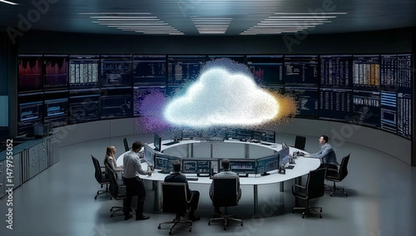 Obraz Round Table Meeting Room with Business People Discussing Around Large Digital Cloud Projection
