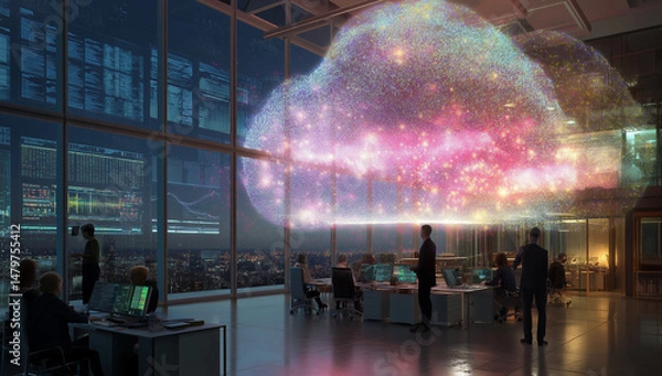 Fototapeta Modern Office Space with Large Colorful Cloud Hologram and Employees Working Around at Dusk

