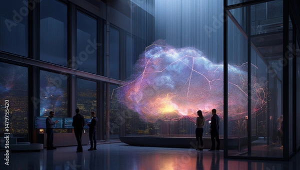 Obraz Futuristic Office Lobby with Large Glowing Cloud Hologram and People Observing at Night
