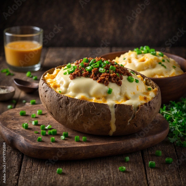 Obraz Baked potato split open and filled with creamy melted cheese sauce and seasoned minced meat garnished with scallions on a rustic ceramic bowl in warm cozy light