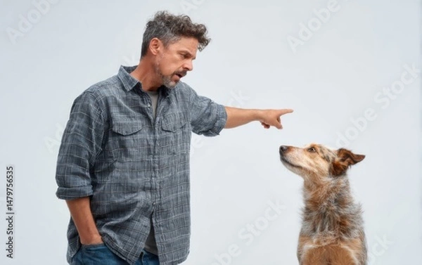 Obraz Man teaches dog commands in a studio setting during an indoor training session
