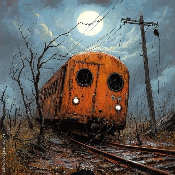 Obraz Rusty Orange Train Car Under a Full Moon at Night