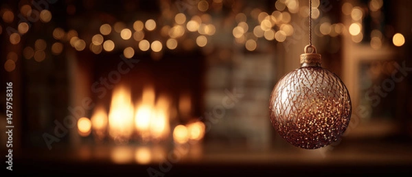 Obraz Elegant Bronze Christmas Ornament Hanging with Warm Fireplace Glow and Twinkling String Lights
