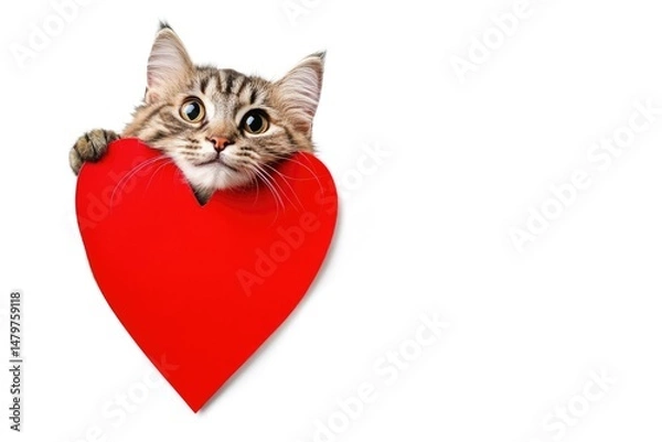 Fototapeta A cute pretty cat peeking out from red heart
