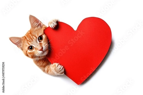 Fototapeta A cute pretty cat peeking out from red heart