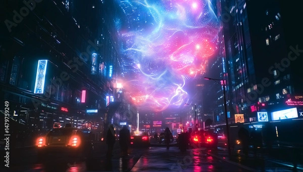 Obraz Cyberpunk Urban Street with Neon Signs and Luminous Blue and Pink Energy Cloud in Sky
