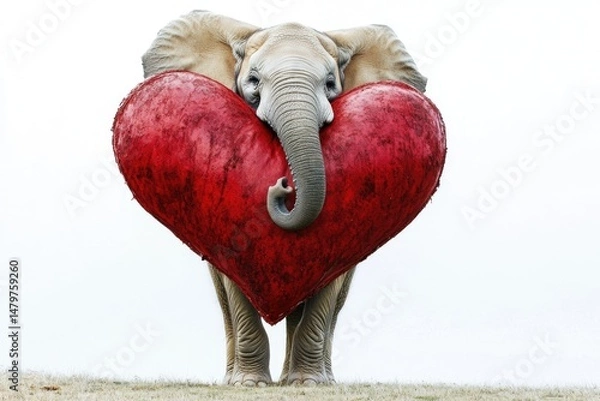 Fototapeta Pretty cute elephant and red heart with copy space