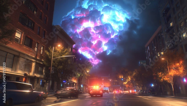 Obraz Futuristic City Street with Glowing Blue and Pink Energy Cloud Exploding Above at Night
