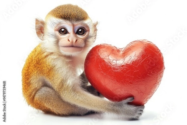 Fototapeta Pretty cute monkey and red heart with copy space