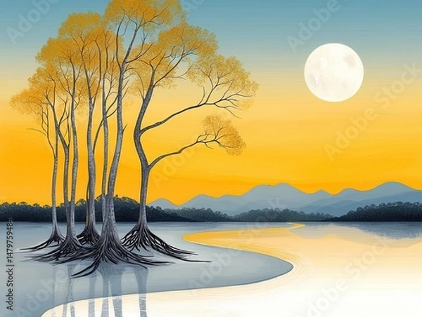Obraz Serene River Landscape at Sunset with Golden Trees and Full Moon