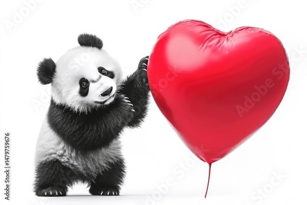 Fototapeta Pretty cute panda and red heart with copy space