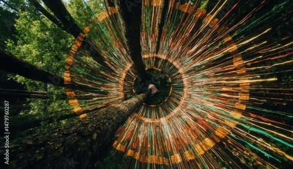 Obraz Long-exposure visual effect with radiant light trails circling upward from the forest floor around tree trunks creating a vibrant abstract motion in nature