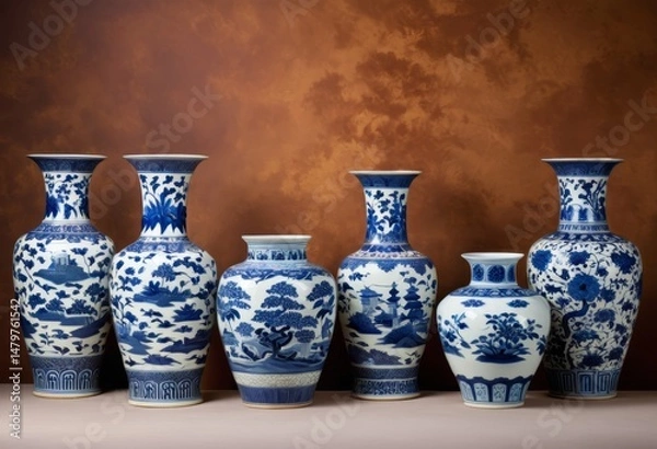 Obraz On the table sat five blue and white vases