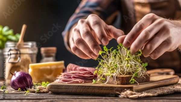 Obraz Close-Up of Chef Preparing Open Sandwich with Fresh Sprouts, Cured Meats, and Rustic Ingredients

