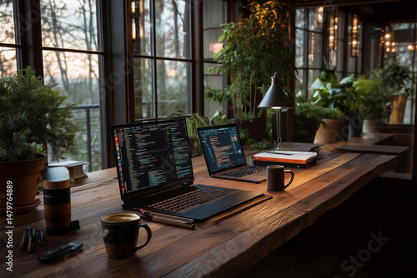Obraz Modern Developer Desk Setup with Laptops and Coding Software in Nature-Inspired Home Office
