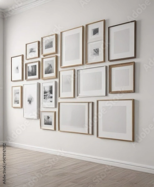Obraz Modern gallery wall mockup  Various sized & styled frames on white wall ,  house,  shapes
