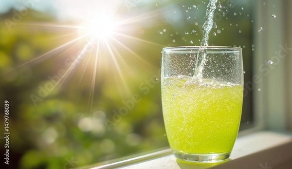 Obraz Bright Green Sparkling Juice Being Poured into Glass with Sunburst Outdoors
