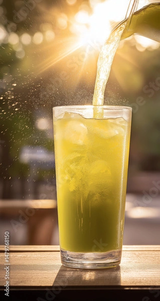 Obraz Iced Green Juice Poured into Tall Glass with Bright Sunlight and Refreshing Summer Vibe
