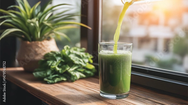 Obraz Green Vegetable Juice Being Poured Indoors Near Fresh Spinach and Potted Plant
