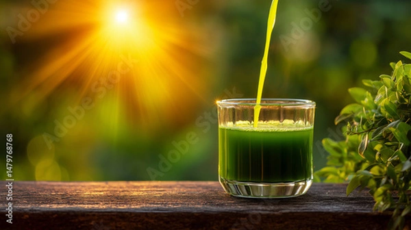Obraz Fresh Green Juice Being Poured into Glass Outdoors with Sunlight and Natural Background
