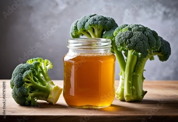 Fototapeta A jar of broccoli and some broccoli were on the table