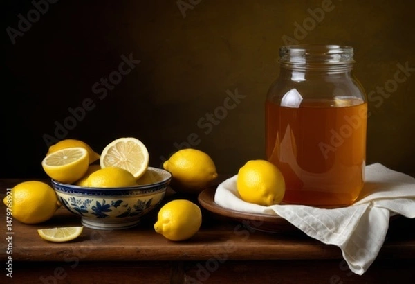 Fototapeta A jar of honey and lemon was placed on the table