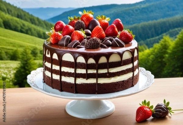 Fototapeta On the table is a chocolate cake with strawberries and chocolate frosting