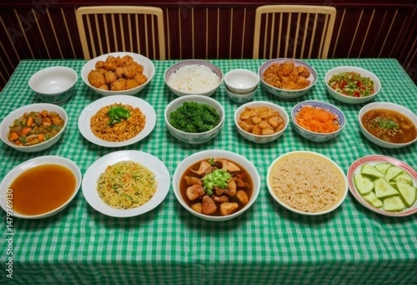 Fototapeta On the table were bowls of food and bowls of soup