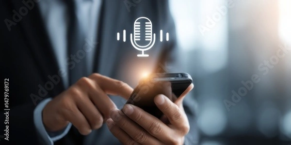 Fototapeta Person using smartphone to record audio in a professional setting during daylight hours