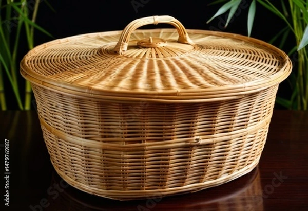 Fototapeta The table has a covered wicker basket