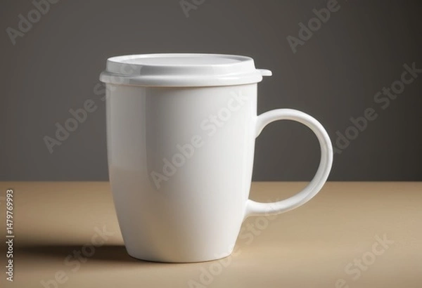 Fototapeta There is a white coffee cup with a lid on the table
