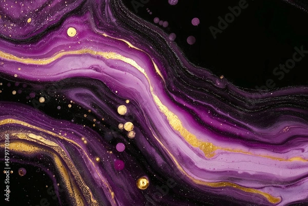 Obraz Purple and Gold Liquid Ink Abstract on Black Background with Vibrant Swirls
