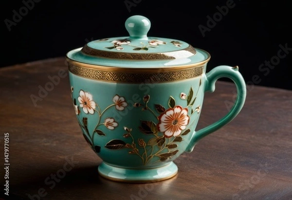Fototapeta The table has a teacup with a lid