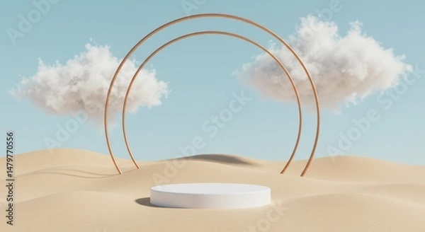 Fototapeta Minimalist sky backdrop with golden arch and product display platform in desert
