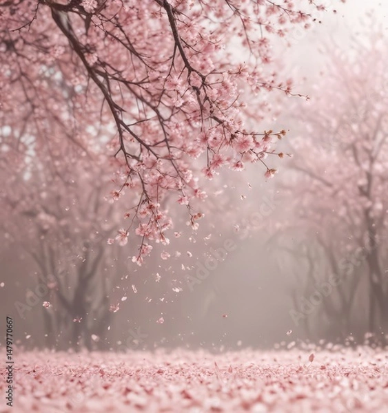 Fototapeta Falling sakura petals, blurred spring backdrop  Soft pink hues ,  art, sakura